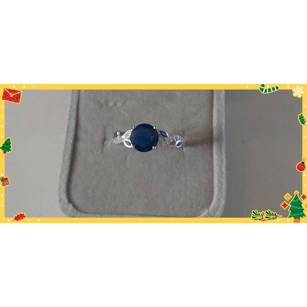 Stunning 2.4 Ct. Lab Created Blue & White Sapphire Gem Floral Accent Ring Sz 8